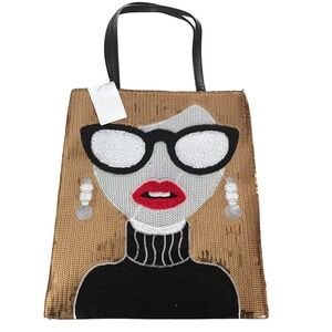 Sparkly Sequin Face Tote Bag Black Faux Leather Top Handle Zip Closure NWT